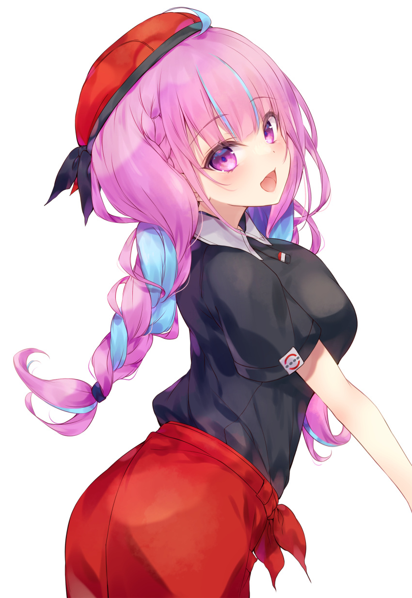 1girl :d apron bangs beret black_shirt blue_hair braid breasts collared_shirt eyebrows_visible_through_hair from_behind hat highres hololive kabocha_usagi long_hair looking_at_viewer looking_back medium_breasts minato_aqua multicolored_hair pink_hair purple_eyes red_apron red_headwear shirt short_sleeves simple_background smile solo twin_braids twintails two-tone_hair very_long_hair virtual_youtuber white_background