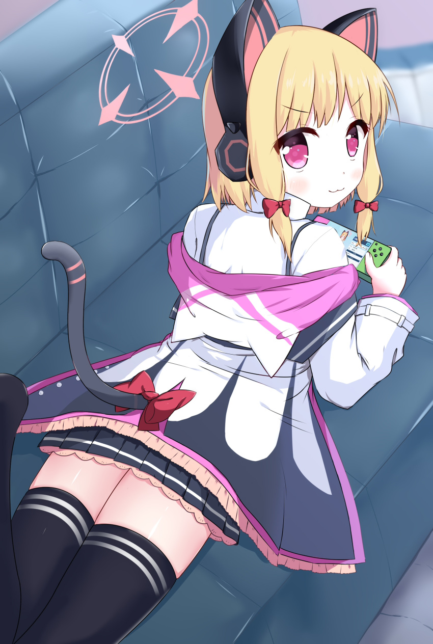 1girl :3 absurdres animal_ears bangs black_legwear black_skirt blonde_hair blue_archive blush bow cat_ear_headphones cat_ears cat_tail closed_mouth collared_shirt couch eyebrows_visible_through_hair fake_animal_ears from_above from_behind hair_bow halo handheld_game_console headphones highres holding jacket leg_up long_sleeves looking_at_viewer looking_back looking_up lying meta momoi_(blue_archive) no_shoes on_couch on_stomach pleated_skirt purple_eyes red_bow shirt sidelocks skirt solo tail thighhighs v-shaped_eyebrows white_jacket white_shirt xiaosamiao