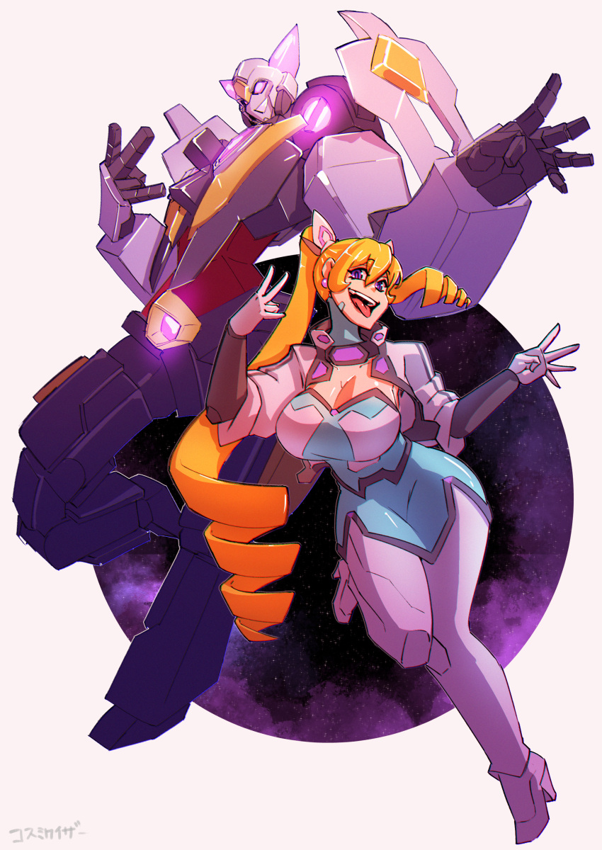 1girl absurdres artist_name blue_bodysuit bodysuit breasts cosmikaizer drill_hair english_commentary galatikaizer gloves glowing glowing_eyes grey_footwear grey_gloves high_heels highres lana_branford large_breasts leg_up mecha open_hands open_mouth original pilot_suit purple_eyes science_fiction smile tongue tongue_out twin_drills twintails uneven_twintails