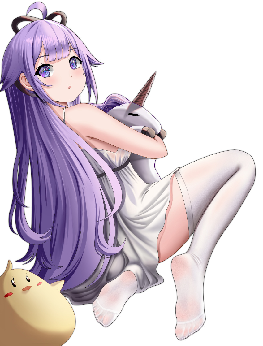1girl absurdres azur_lane bangs blue_eyes blush breasts buko_(bukosuki) cleavage dress eyebrows_visible_through_hair highres holding holding_toy large_breasts long_hair looking_at_viewer looking_to_the_side manjuu_(azur_lane) no_shoes on_floor open_mouth purple_hair small_breasts soles thighhighs toy unicorn_(azur_lane) white_background white_dress white_legwear