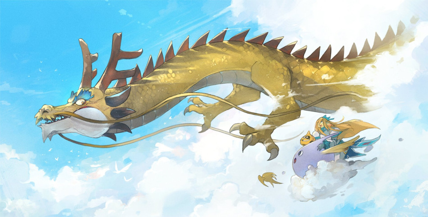 1girl above_clouds animal_focus antlers armor bangs blonde_hair blue_bow blue_cape blue_sky bow cape claws cloud colored_eyelashes commentary_request day dragon dragon_quest escalin_(hld_doreko) ethereal_serpent eye_contact flying from_side hair_bow happy highres linne_(hld_doreko) long_hair looking_at_another looking_back midair open_mouth outdoors profile riding sharp_teeth shoulder_armor sidelocks sideways_mouth sky slime_(creature) slime_(dragon_quest) smile spikes teeth waist_cape whiskers yellow_eyes