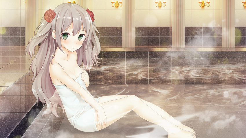 1girl artist_request artwhirl_mahou_gakuen_no_otome-tachi bangs bare_arms bare_legs barefoot bath bathing blush breasts cleavage collarbone cosette_(artwhirl) eyebrows_visible_through_hair flower game_cg green_eyes hair_between_eyes hair_flower hair_ornament indoors long_hair looking_at_viewer manatsuki_manata naked_towel partially_submerged red_flower red_rose rose shiny shiny_hair silver_hair small_breasts solo towel twintails very_long_hair