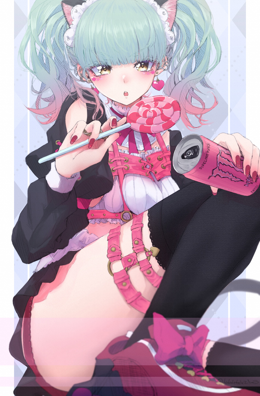 1girl animal_ears bangs biburi_(precure) black_legwear can candy chest_harness dededeteiu earrings food garters gradient_hair green_hair hand_on_own_knee harness highres holding holding_can holding_candy holding_food holding_lollipop jewelry kirakira_precure_a_la_mode knee_up lollipop long_sleeves looking_at_viewer monster_energy multicolored_hair open_mouth pink_hair precure puffy_sleeves red_footwear red_nails shoes sitting skirt solo thighhighs twintails two-tone_hair yellow_eyes
