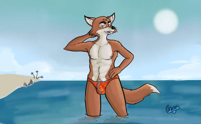 anthro beach canid canine commercial foreskin fox fur garo_(artist) genitals hand_on_hip henry_(old_speckled_hen) hi_res humanoid_genitalia humanoid_penis looking_at_viewer male mammal muscular muscular_male nudist orange_body penis sea seaside solo water