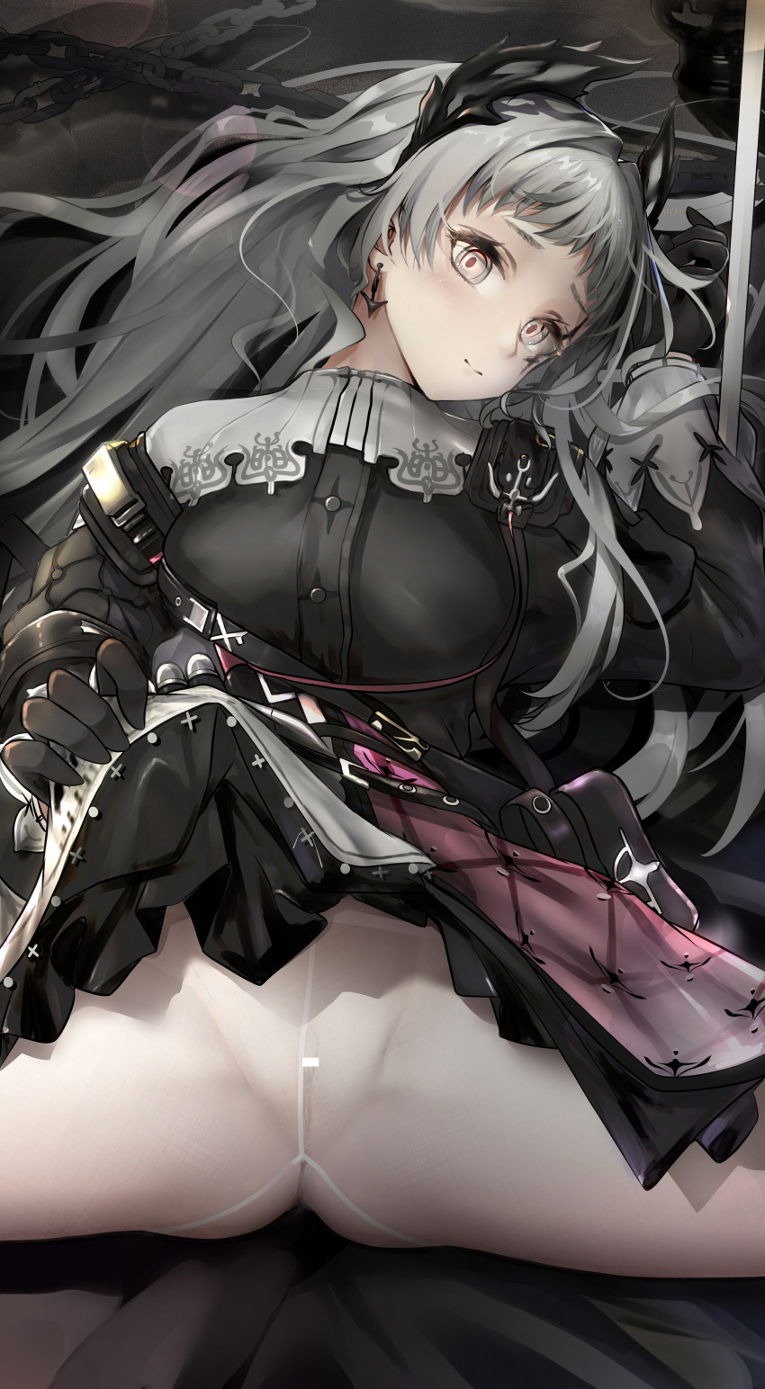 1girl absurdres arknights bag bar_censor black_gloves black_jacket black_skirt blush breasts censored chain closed_mouth crotch_seam earrings gloves grey_eyes head_wings highres irene_(arknights) jacket jewelry lifted_by_self long_hair long_sleeves looking_at_viewer lying medium_breasts miniskirt multicolored_clothes multicolored_skirt no_panties no_pants nopetroto on_back pantyhose planted planted_sword purple_skirt pussy scar scar_across_eye scar_on_face shoulder_bag silver_hair skirt smile solo split spread_legs sword very_long_hair weapon white_legwear white_skirt