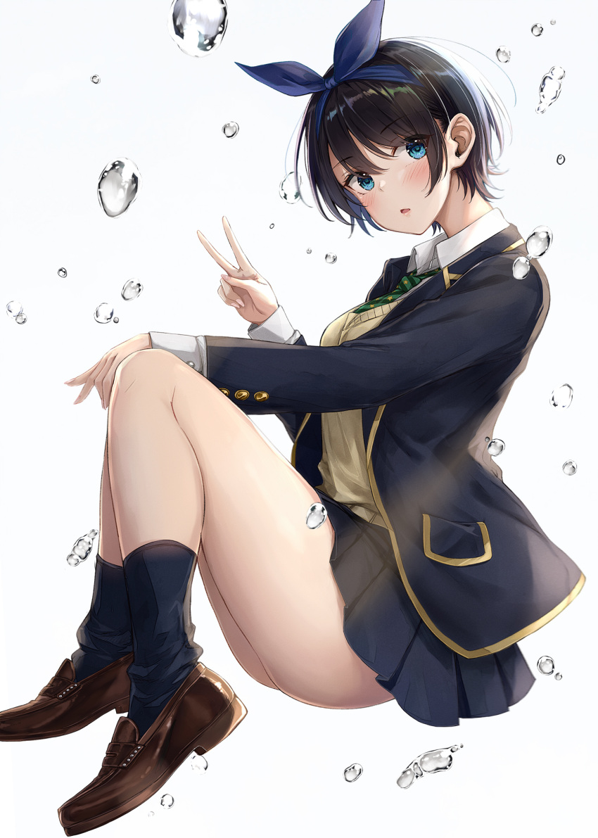 1girl blazer blue_eyes blue_legwear bow_hairband breasts brown_footwear brown_hair collared_shirt floating green_necktie hairband hand_on_own_knee hand_up highres jacket kanojo_okarishimasu knees_up loafers looking_at_viewer medium_breasts napo8593 necktie open_clothes open_jacket open_mouth pleated_skirt sarashina_ruka school_uniform shirt shoes short_hair simple_background skirt socks solo v water_drop white_background white_shirt