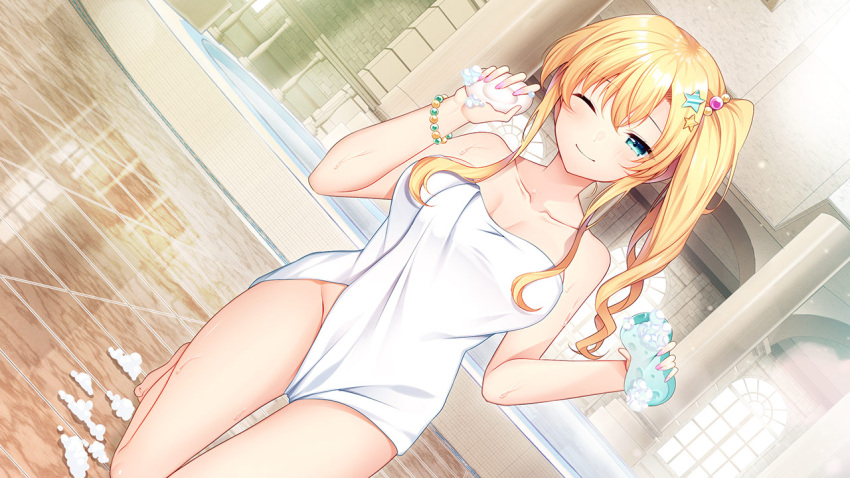 1girl ;) artist_request artwhirl_mahou_gakuen_no_otome-tachi bare_arms bare_legs bath blonde_hair blue_eyes bracelet breasts cleavage closed_mouth collarbone dutch_angle emerane game_cg hair_ornament half-closed_eyes indoors jewelry large_breasts long_hair looking_at_viewer nail_polish naked_towel one_eye_closed pink_nails shiny shiny_hair side_ponytail sidelocks smile solo star_(symbol) star_hair_ornament towel vanessa_(artwhirl)