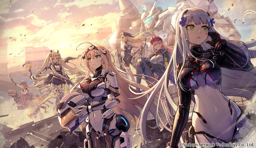 6+girls ahoge assault_rifle blonde_hair blue_eyes bodysuit breasts covered_navel debris desert_eagle desert_eagle_(blue_sky_garuda)_(girls'_frontline) desert_eagle_(girls'_frontline) f1 f1_(desert_dragon_and_poem)_(girls'_frontline) f1_(girls'_frontline) facial_mark girls'_frontline green_eyes gun h&amp;k_hk416 h&amp;k_mg36 hair_ornament hand_on_own_face handgun hanyang_type_88_(girls'_frontline) hanyang_type_88_(white_comet_bearing_your_wishes)_(girls'_frontline) headgear helmet hk416_(girls'_frontline) hk416_(midnight_evangelion)_(girls'_frontline) holding holding_helmet kuroi_susumu large_breasts long_hair machine_gun mecha mg36_(blue_dragon_stands_above_sector_09)_(girls'_frontline) mg36_(girls'_frontline) multiple_girls official_alternate_costume official_art outdoors pilot_suit pink_hair pistol rifle robot sig_mcx_(crimson_meteor)_(girls'_frontline) sig_mcx_(girls'_frontline) sig_sauer sig_sauer_mcx silver_hair submachine_gun sunset weapon