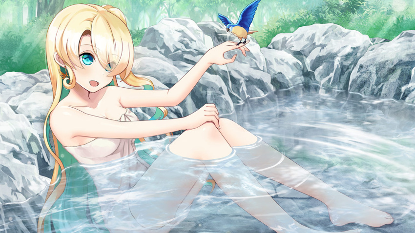 1girl :d artist_request artwhirl_mahou_gakuen_no_otome-tachi bangs bare_arms bare_legs barefoot bathing bird bird_on_hand blonde_hair blue_hair breasts cleavage collarbone colored_inner_hair day earrings elise_(artwhirl) emerane eyebrows_visible_through_hair eyes_visible_through_hair game_cg hair_between_eyes hair_over_one_eye jewelry long_hair medium_breasts multicolored_hair naked_towel onsen outdoors partially_submerged smile solo sunlight towel two-tone_hair very_long_hair