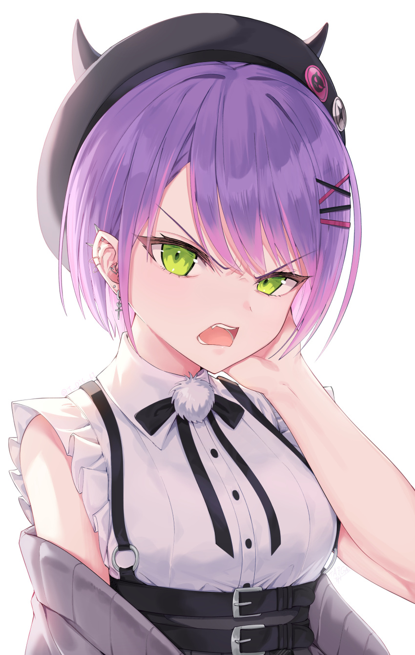 1girl absurdres angry badge bangs bare_shoulders belt_buckle black_headwear breasts buckle button_badge ear_piercing eyebrows_visible_through_hair green_eyes hand_up hat highres hololive looking_at_viewer medium_breasts open_mouth piercing purple_hair shirt short_hair simple_background sleeveless sleeveless_shirt solo suspenders taiga_(ryukyu-6102-8) tokoyami_towa upper_body v-shaped_eyebrows virtual_youtuber white_background white_shirt