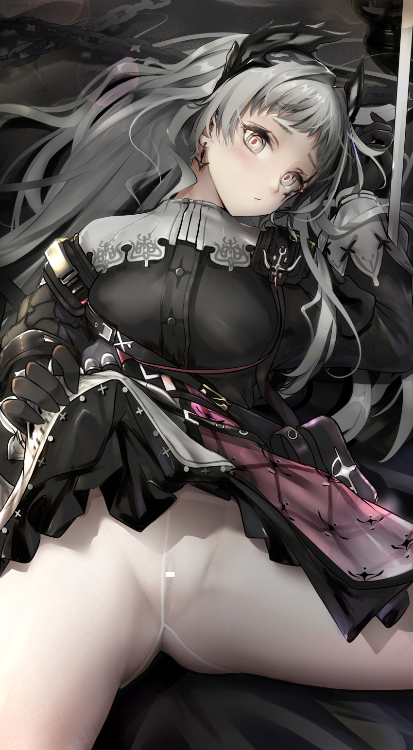 1girl absurdres arknights bag bar_censor black_gloves black_jacket black_skirt blush breasts censored chain closed_mouth crotch_seam earrings gloves grey_eyes head_wings highres irene_(arknights) jacket jewelry lifted_by_self long_hair long_sleeves looking_at_viewer lying medium_breasts miniskirt multicolored_clothes multicolored_skirt no_panties no_pants nopetroto on_back pantyhose planted planted_sword purple_skirt pussy scar scar_across_eye scar_on_face shoulder_bag silver_hair skirt solo spread_legs sword very_long_hair weapon white_legwear white_skirt