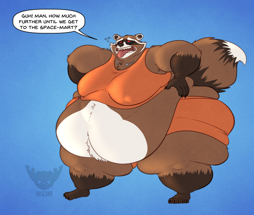 anthro basicbiscuit belly belly_overhang belly_tuft big_belly big_butt big_pecs bottomwear butt clothing crop_top exhausted fluffy fluffy_tail from_front_position fur grabbing_thighs guardians_of_the_galaxy hi_res holding_thigh huge_hips huge_thighs hyper hyper_belly looking_up male mammal marvel multicolored_body multicolored_fur muscle_shirt navel nipple_outline nipples obese obese_anthro obese_male open_mouth overweight overweight_anthro overweight_male pecs procyonid raccoon red_eyes rocket_raccoon shirt short_clothing shorts simple_background solo thick_thighs tight_clothing tongue tongue_out topwear tuft wide_hips