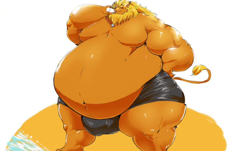 16:9 2019 animal_humanoid anthro bandai_namco beach belly big_belly big_bulge blonde_hair bottomwear bulge clothed clothing digimon digimon_(species) digital_drawing_(artwork) digital_media_(artwork) drinking eyes_closed felid feline fur hair humanoid jewelry leomon lion male mammal mane milk moobs morbidly_obese morbidly_obese_male musclegut muscular_arms navel necklace nipples obese obese_anthro obese_male orange_body orange_fur overweight overweight_anthro overweight_male pantherine saintdraconis seaside shaded solo standing swimming_trunks swimwear thick_thighs tongue topless widescreen