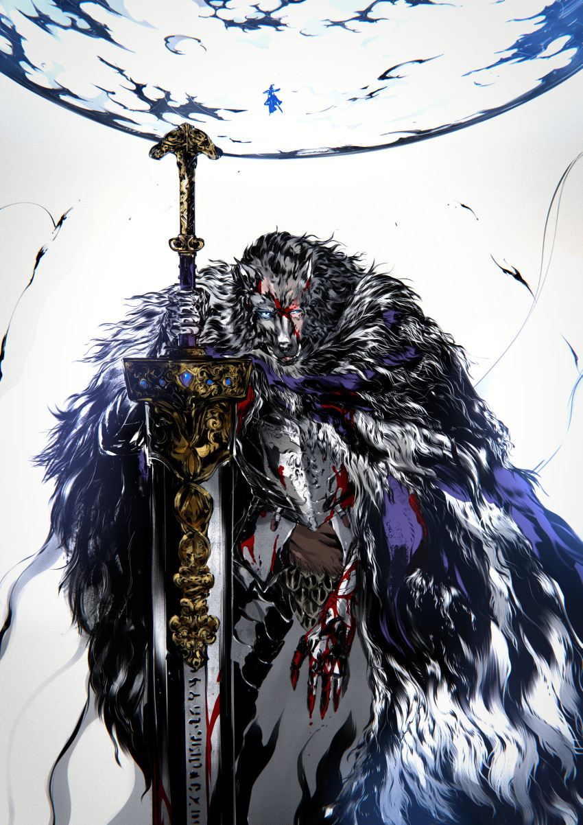 1boy 1girl absurdres armor blaidd_the_half-wolf blood blood_on_clothes blood_on_face cloak elden_ring fur_cloak fur_trim highres holding holding_sword holding_weapon kubaushi looking_at_viewer male_focus planted planted_sword ranni_the_witch sword weapon white_background wolf_boy zweihander