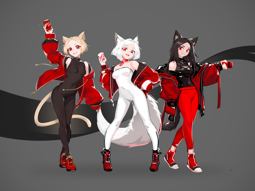 3girls absurdres animal_ears arm_up bare_shoulders black_hair blonde_hair bodysuit breasts can cat_ears cat_tail coca-cola collar covered_navel deel_(rkeg) fangs fox_ears fox_tail grey_background highres holding holding_can jacket leotard long_hair looking_at_viewer medium_breasts multiple_girls off_shoulder open_clothes open_jacket open_mouth original pants personification red_eyes shiny shiny_clothes short_hair smile strapless tail tight tight_pants unitard white_hair