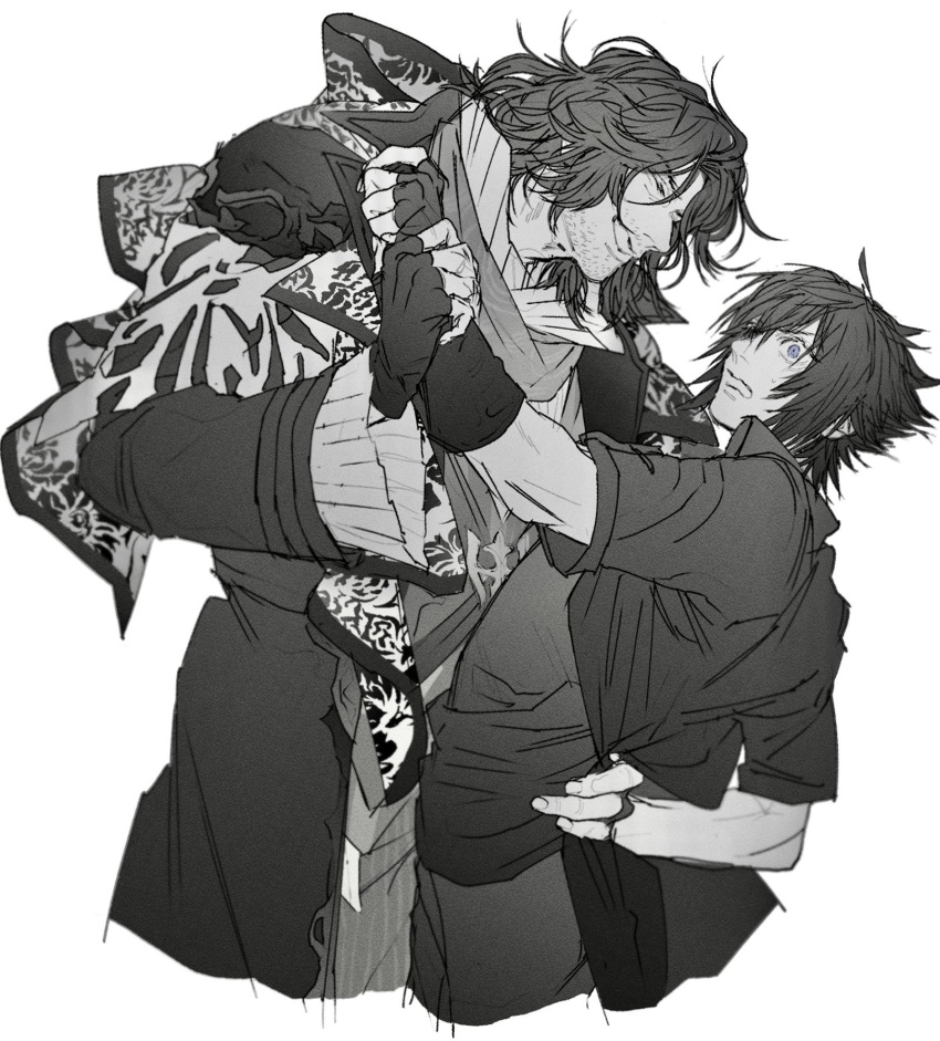 2boys ardyn_izunia bangs blue_eyes closed_eyes facial_hair final_fantasy final_fantasy_xv fingerless_gloves floral_print gloves greyscale hair_between_eyes hand_on_another's_back highres holding_another's_wrist inuue15 jacket monochrome multiple_boys muscular muscular_male noctis_lucis_caelum parted_bangs short_hair short_sleeves smile spiked_hair stubble upper_body white_background wide-eyed yaoi