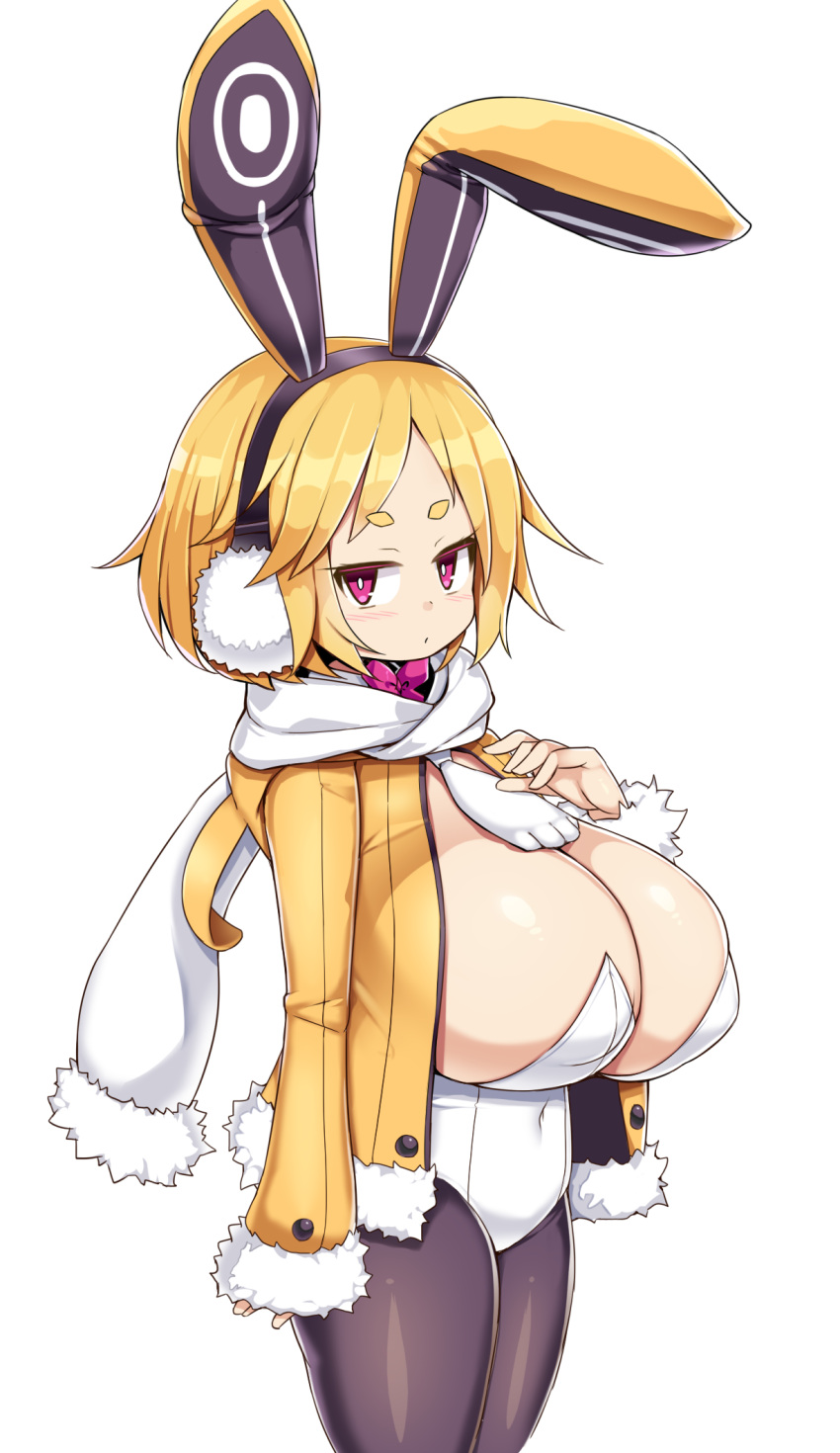 alternate_breast_size animal_ears black_legwear blonde_hair bow bowtie breasts bright_pupils cleavage covered_navel disgaea dot_mouth fake_animal_ears fur_trim highres huge_breasts jacket open_clothes open_jacket oppai_loli pantyhose playboy_bunny purple_eyes rabbit_ears sawati scarf short_eyebrows short_hair simple_background usalia_(disgaea) white_background