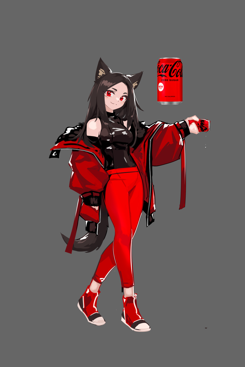1girl absurdres animal_ears black_hair breasts can coca-cola deel_(rkeg) grey_background highres holding holding_can jacket leotard long_hair looking_at_viewer medium_breasts off_shoulder open_clothes open_jacket original pants personification red_eyes shiny shiny_clothes smile solo tail tight tight_pants
