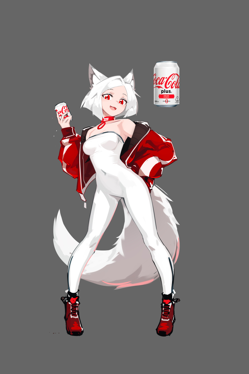1girl absurdres animal_ears bare_shoulders breasts can coca-cola collar deel_(rkeg) fangs fox_ears fox_tail grey_background highres holding holding_can jacket looking_at_viewer medium_breasts off_shoulder open_clothes open_jacket open_mouth original personification red_eyes short_hair solo strapless tail unitard white_hair