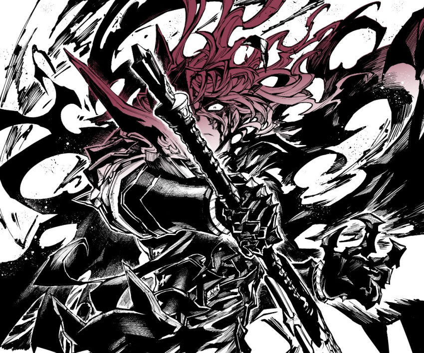 1boy armor blood blood_on_face breastplate cape clawed_gauntlets gauntlets greyscale hatching_(texture) holding holding_sword holding_weapon long_hair male_focus monochrome original parted_lips pauldrons routo shoulder_armor solo spot_color sword torn torn_cape torn_clothes vambraces weapon wide-eyed