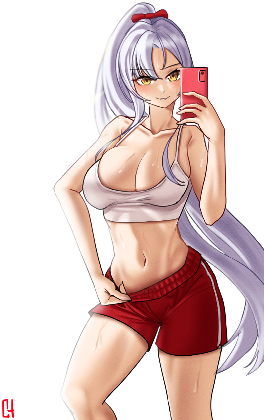 1girl alternate_costume azur_lane bangs bare_shoulders blush breasts choister cleavage collarbone drake_(azur_lane) eyebrows_visible_through_hair feet_out_of_frame highres holding holding_phone long_hair looking_at_viewer medium_breasts navel phone ponytail red_shorts selfie shirt shorts silver_hair smile solo standing sweat white_background white_shirt yellow_eyes