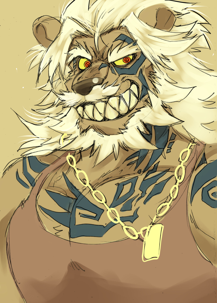 absurd_res age_difference anthro chain_necklace clothing corruption felid grin hi_res jewelry kas20241013 lion male mammal muscular muscular_male necklace older_male pantherine pecs red_eyes shirt smile solo tank_top tattoo topwear