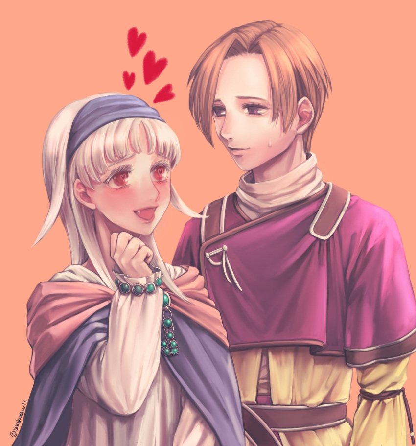 1boy 1girl cape dress gensou_suikoden gensou_suikogaiden hairband highres jewelry klaus_windamier long_hair open_mouth red_eyes sakai_(motomei) sierra_mikain silver_hair simple_background smile twitter_username vampire white_hair