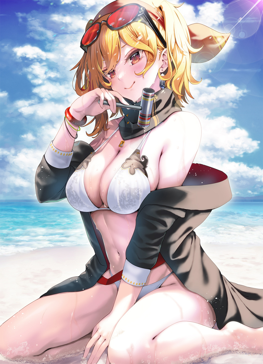 1girl bangs bare_shoulders barefoot beach bikini black_jacket blonde_hair blush bracelet breasts brown_eyes cleavage closed_mouth clothes_down cloud commentary_request day duplicate earrings eyewear_on_head hair_between_eyes hammer highres holding holding_hammer hololive hololive_indonesia jacket jewelry kaela_kovalskia kubota_masaki large_breasts lens_flare medium_hair midriff navel neck_warmer ocean off_shoulder open_clothes open_jacket outdoors pixel-perfect_duplicate sand sidelocks sitting sky smile solo stomach string_bikini sunglasses swimsuit thighs virtual_youtuber wariza wet wet_clothes white_bikini