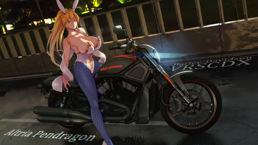 1girl abubu ahoge animal_ears artoria_pendragon_(fate) artoria_pendragon_(swimsuit_ruler)_(fate) bare_shoulders blue_legwear braid breasts character_name cleavage collarbone commentary_request fate/grand_order fate_(series) fingernails fishnet_legwear fishnets full_body green_eyes ground_vehicle harley_davidson highleg highleg_leotard highres large_breasts leotard long_fingernails long_hair looking_at_viewer motor_vehicle motorcycle nail_polish on_motorcycle pantyhose ponytail rabbit_ears scarf solo strapless strapless_leotard white_leotard