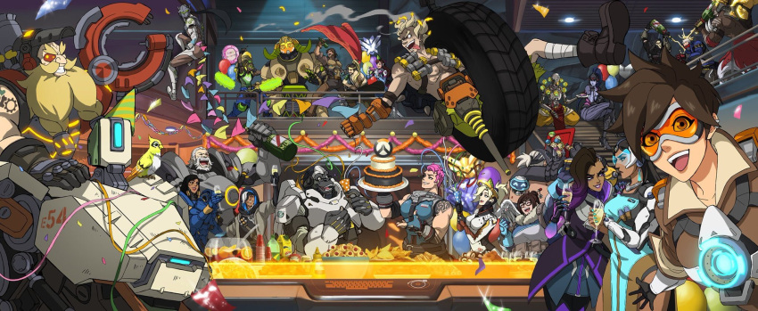 alcohol ana_(overwatch) arm_tattoo armor balloon bandaged_leg bandages bastion_(overwatch) beard bird black_hair blonde_hair bodysuit brown_hair building burn_scar cake cake_slice cape cassidy_(overwatch) champagne champagne_bottle chest_harness closed_mouth collared_shirt confetti crossed_legs cup d.va_(overwatch) dark-skinned_female dark-skinned_male dark_skin doomfist_(overwatch) dress drinking_glass explosive eyepatch facial_hair facial_tattoo fang fire flag food gauntlets genji_(overwatch) giorgia_lenzi gloves goggles grenade hanzo_(overwatch) harness hat highres junkrat_(overwatch) long_dress looking_at_another looking_at_viewer looking_to_the_side lucio_(overwatch) mature_female mature_male mei_(overwatch) mercy_(overwatch) microphone multicolored_hair multiple_boys multiple_girls music old old_man open_mouth orisa_(overwatch) overwatch pants party party_hat pharah_(overwatch) pink_hair prosthesis prosthetic_arm prosthetic_leg reaper_(overwatch) reinhardt_(overwatch) roadhog_(overwatch) robot scar scar_across_eye shirt singing sitting skirt soldier:_76_(overwatch) sombra_(overwatch) spiked_hair stairs symmetra_(overwatch) table tattoo teeth tight tongue topless topless_male torbjorn_(overwatch) tracer_(overwatch) tusks wheel white_hair widowmaker_(overwatch) wine wine_glass winston_(overwatch) zarya_(overwatch) zenyatta_(overwatch)