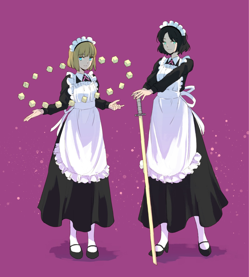 2girls alternate_costume apron arm_up bangs black_dress black_footwear black_hair blonde_hair blue_eyes blunt_bangs bob_cut breasts collared_dress cube dress enmaided floating floating_object frilled_apron frills full_body hands_on_hilt high_heels highres holding kumagai_yuuko long_sleeves looking_at_viewer maid maid_apron maid_headdress multiple_girls nasu_rei neck_ribbon outstretched_arms pantyhose parted_bangs planted planted_sword purple_background purple_ribbon ribbon seto_taichi short_hair simple_background smile standing sword v_arms weapon white_apron white_legwear world_trigger