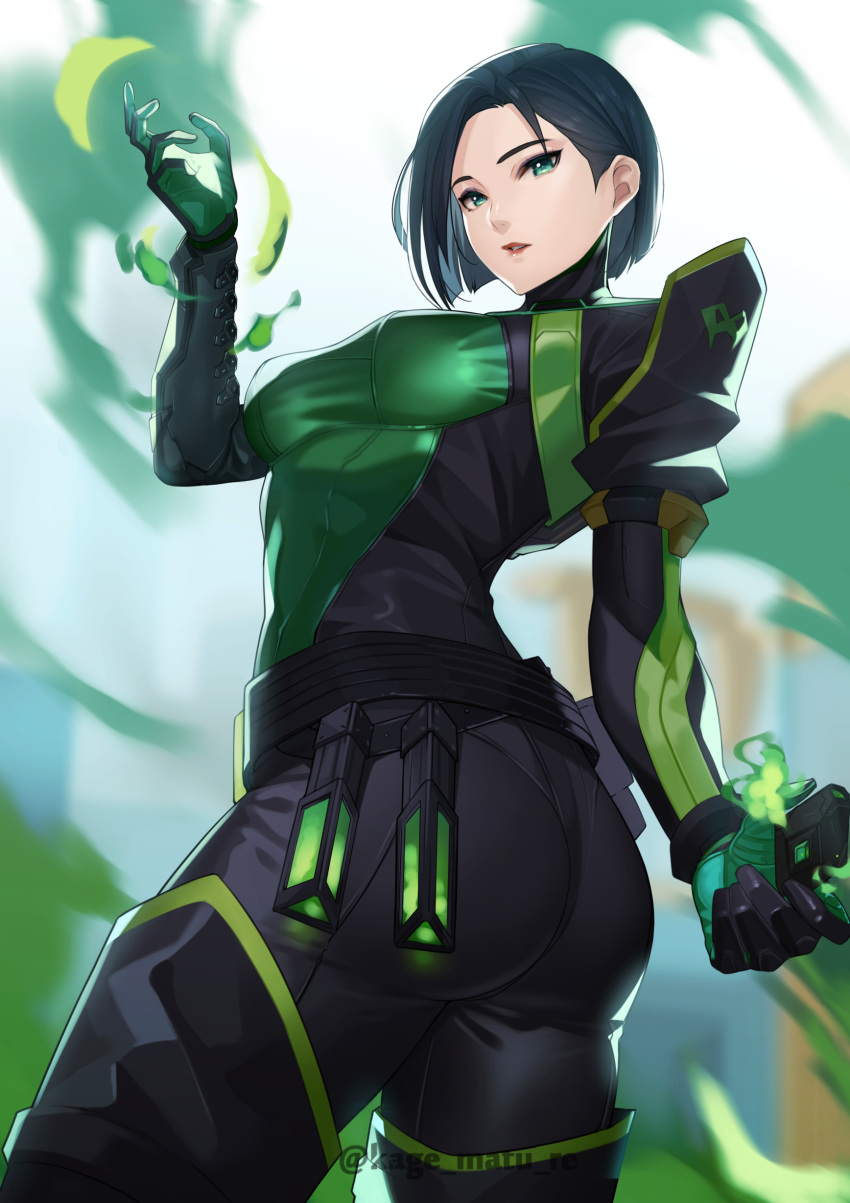 1girl absurdres armor ass belt black_belt black_bodysuit black_hair blurry blurry_background bodysuit breasts covered_mouth cowboy_shot explosive forehead from_behind green_bodysuit green_eyes green_smoke grenade hand_up highres holding holding_grenade holster kagematsuri lips looking_at_viewer looking_back looking_down medium_breasts no_mask parted_lips poison respirator short_hair shoulder_armor solo thighhighs twisted_torso twitter_username two-tone_bodysuit valorant vial viper_(valorant)