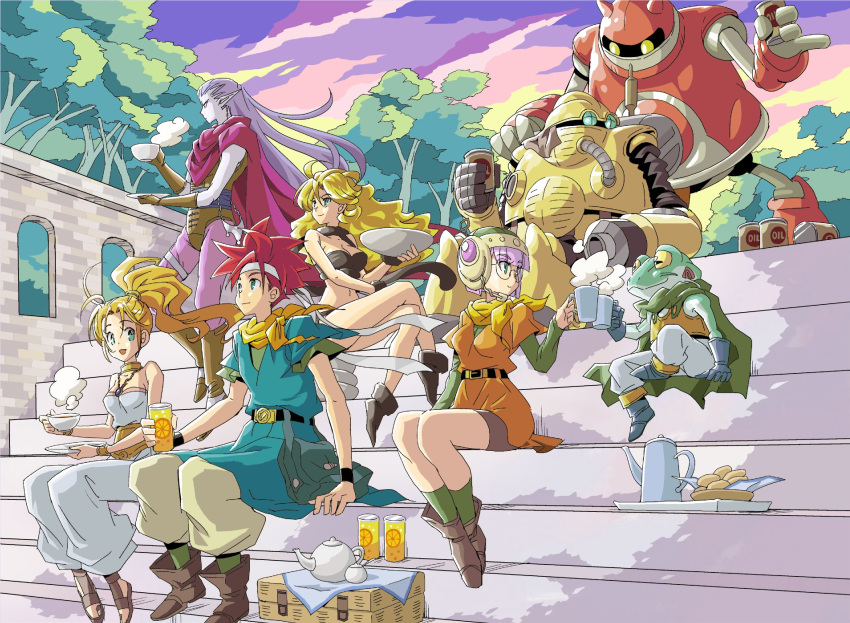 3girls ayla_(chrono_trigger) belt bike_shorts blonde_hair blue_eyes breasts chrono_trigger closed_mouth crono_(chrono_trigger) curly_hair frog_(chrono_trigger) full_body gato_(chrono_trigger) glasses headband helmet highres jewelry long_hair lucca_ashtear magus_(chrono_trigger) mai_iwaizumi marle_(chrono_trigger) medium_hair multiple_boys multiple_girls necklace open_mouth ponytail purple_hair red_hair robo_(chrono_trigger) robot scarf short_hair smile spiked_hair