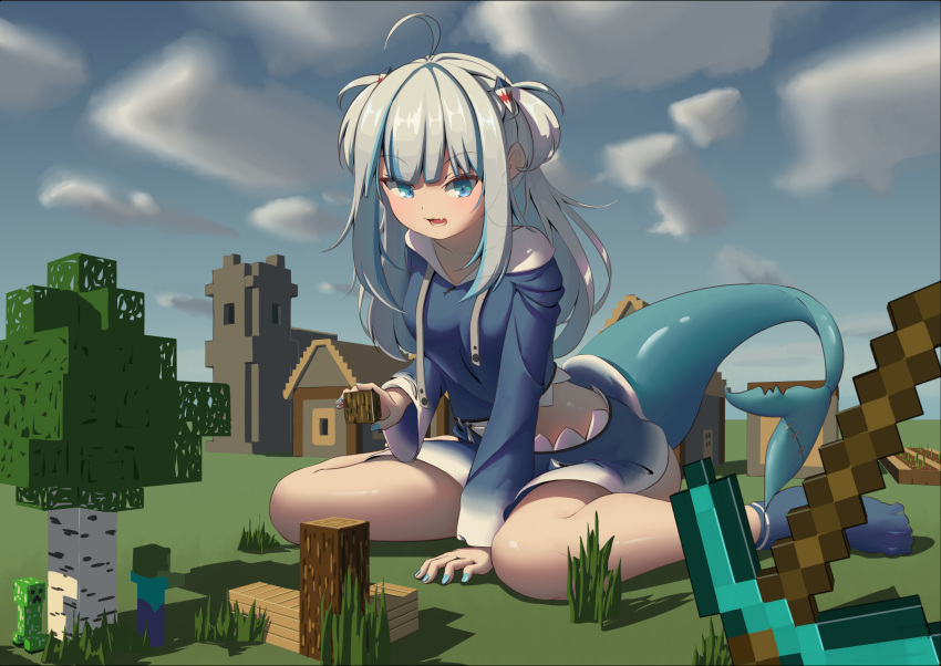 1girl absurdres ahoge animal_costume animal_hood bangs blue_eyes blue_hair blue_hoodie blunt_bangs creeper fish_tail gawr_gura giant giantess hair_ornament highres hololive hololive_english hood hoodie long_sleeves medium_hair minecraft multicolored_hair pickaxe shark_costume shark_girl shark_hair_ornament shark_hood shark_tail sharp_teeth silver_hair socks solo streaked_hair tail teeth tenroy thighs two_side_up virtual_youtuber wide_sleeves zombie_(minecraft)