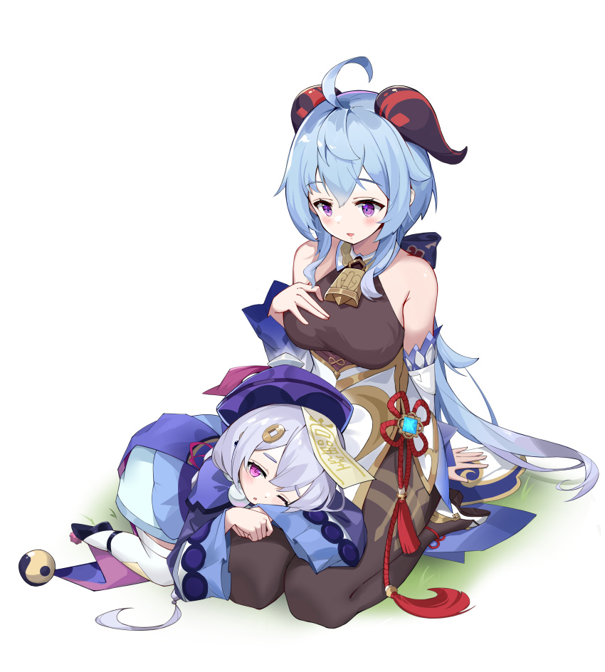 2girls absurdres ahoge bangs bare_shoulders bell black_legwear blue_hair blush breasts chinese_knot coin_hair_ornament detached_sleeves eyebrows_visible_through_hair flower_knot ganyu_(genshin_impact) genshin_impact gold_trim hand_on_own_chest hat highres horns long_hair looking_at_another lying lying_on_lap medium_breasts multiple_girls neck_bell no_gloves on_side pink_hair purple_eyes qiqi_(genshin_impact) red_rope rope sidelocks sitting smile talisman tassel thighlet thighs tyrant_(dream-bmj) vision_(genshin_impact) white_background white_sleeves