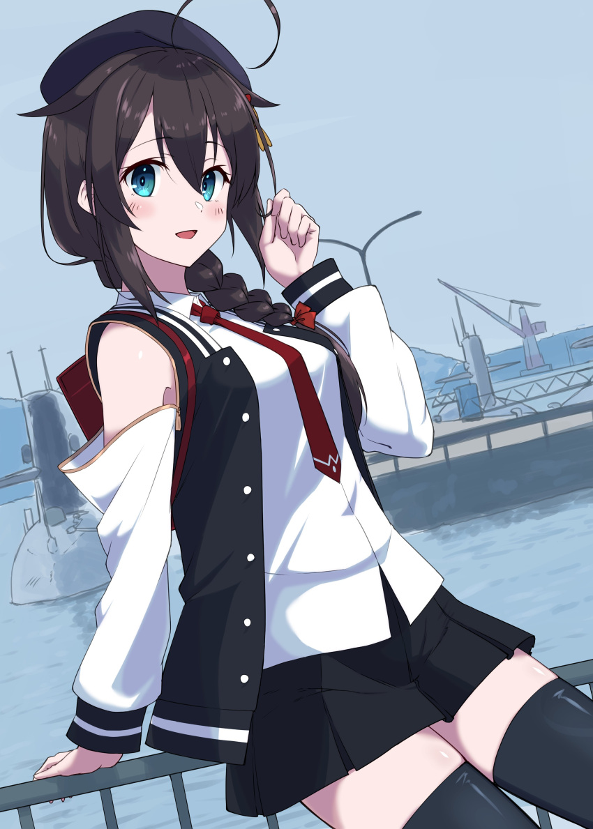 1girl absurdres ahoge black_hair black_legwear black_skirt blue_eyes braid commentary_request cowboy_shot detached_sleeves dutch_angle hair_flaps hair_ornament hair_over_shoulder harbor highres jacket kantai_collection letterman_jacket official_alternate_costume pleated_skirt shiba_(zudha) shigure_(kancolle) shigure_kai_ni_(kancolle) shirt single_braid skirt solo thighhighs white_shirt