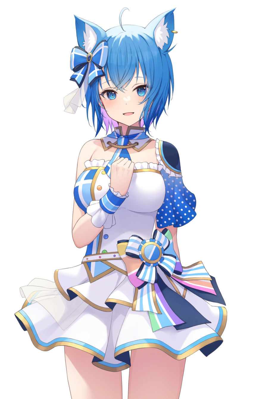 1girl 774_inc. ahoge animal_ears animare blue_bow blue_eyes blue_hair bow breasts cat_ears cat_girl hair_bow highres looking_at_viewer medium_breasts nishino_eri open_mouth polka_dot short_hair simple_background smile solo souya_ichika thighs virtual_youtuber white_background wrist_cuffs