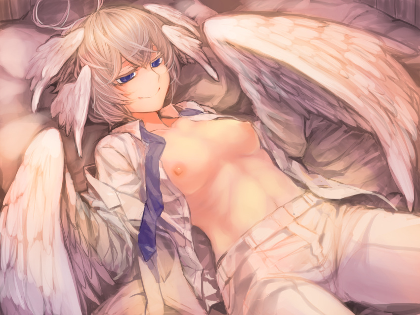 1girl ahoge breasts breasts_out closed_mouth harpy head_wings komota_(kanyou_shoujo) long_hair long_sleeves looking_at_viewer lying monster_girl necktie nipples on_back open_clothes open_shirt original pants purple_eyes purple_necktie seductive_smile shirt small_breasts smile solo white_hair white_pants white_shirt white_theme winged_arms