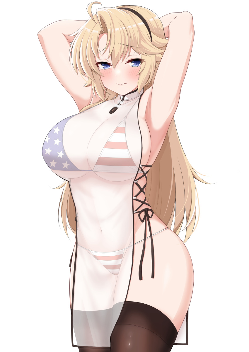 1girl american_flag_bikini armpits arms_up bikini black_legwear blue_eyes blush breasts china_dress chinese_clothes dress flag_print highres kohagura_ellen large_breasts long_hair looking_at_viewer maruta_(denmasked) presenting_armpit see-through see-through_dress side_slit sideless_outfit solo swimsuit thighhighs thighs toji_no_miko white_background