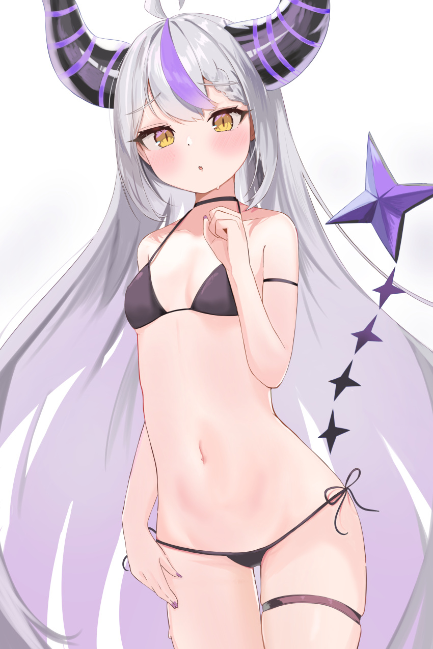 1girl absurdres ahoge bangs bikini blush braid breasts demon_horns eyebrows_visible_through_hair hair_between_eyes highres hololive horns la+_darknesss legs long_hair multicolored_hair navel purple_hair silver_hair solo streaked_hair striped_horns swimsuit thigh_strap very_long_hair virtual_youtuber yellow_eyes youyoukai