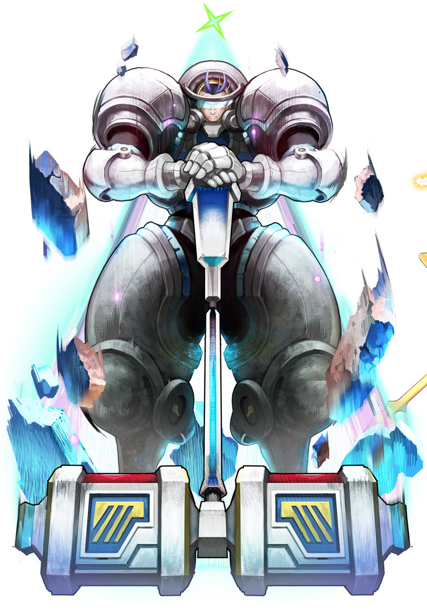 #compass 1boy armor armored_boots blue-tinted_eyewear boots breastplate closed_mouth full_armor full_body gauntlets gloves grey_footwear grey_gloves grey_headwear hands_on_hilt hands_up helmet hidekazu_(hidekazu_king) highres justice_hancock looking_at_viewer male_focus motion_blur official_art own_hands_together purple_hair rubble short_hair solo standing straight-on third-party_source tinted_eyewear visor war_hammer weapon white_background