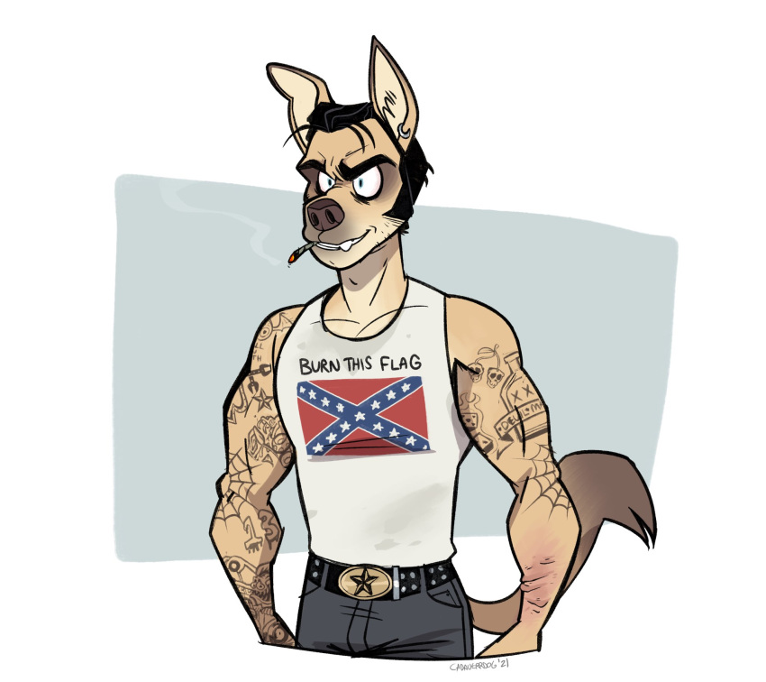 anthro arm_tattoo belt_buckle bottomwear cadaverrdog canid canine canis clothing confederate_flag denim denim_clothing domestic_dog ear_piercing ear_ring english_text facial_hair fangs half-closed_eyes hi_res inner_ear_fluff jeans jerry_lee_dixon male mammal muscle_shirt muscle_tone muscular muscular_anthro muscular_male narrowed_eyes pants piercing shirt sideburns simple_background smile smirk smug smug_face smug_grin solo studded_belt tank_top tattoo text topwear tuft