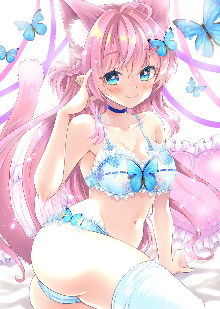 1girl absurdres ahoge animal_ear_fluff animal_ears arm_support ass bangs bed_sheet blue_bra blue_choker blue_eyes blue_panties blush bra braid breasts butterfly_hair_ornament cat_ears cat_girl choker cleavage closed_mouth collarbone commentary_request eyebrows_visible_through_hair frilled_bra frilled_panties frills hair_between_eyes hair_ornament hand_in_own_hair highres looking_at_viewer medium_breasts navel original panties pillow pink_hair ribbon sitting smile solo tail thighhighs thighs underwear uonuma_yuu white_legwear