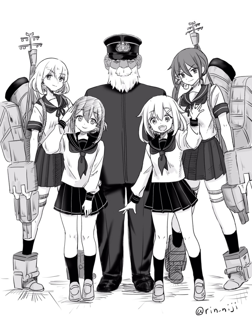 1boy 4girls adapted_turret admiral_(kancolle) akebono_(kancolle) beard cannon commentary_request facial_hair folded_ponytail greyscale highres ikazuchi_(kancolle) inazuma_(kancolle) kantai_collection long_hair machinery monochrome multiple_girls neckerchief oboro_(kancolle) old old_man pleated_skirt rin_(rin_niji) school_uniform serafuku short_hair side_ponytail skirt standing turret