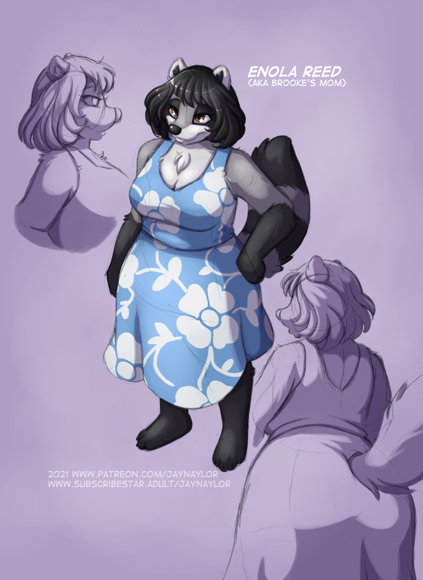 absurd_res anthro black_body black_fur black_hair blue_clothing blue_dress breasts brown_eyes chest_tuft cleavage clothed clothing conditional_dnp digital_media_(artwork) dress enola_reed female fur grey_body grey_fur hair hi_res jay_naylor mammal multicolored_body multicolored_fur plantigrade procyonid raccoon shaded solo tuft two_tone_body two_tone_fur