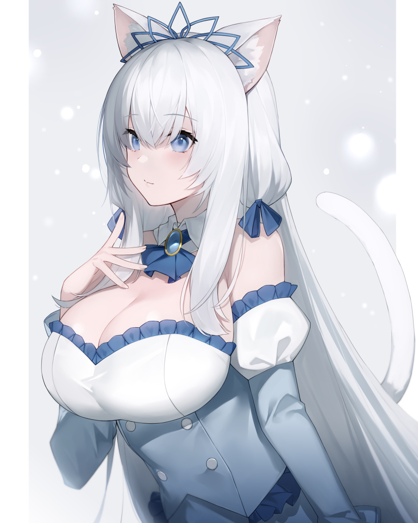 absurdres animal_ears ascot bare_shoulders blue_ascot blue_eyes blush breasts brooch cat_ears cat_girl cat_tail chucolala cleavage closed_mouth corset detached_collar detached_sleeves dress frilled_dress frills grey_background hand_on_own_chest highres jewelry large_breasts long_hair long_sleeves shirayuki_aria sidelocks silver_hair simple_background smile strapless strapless_dress tail tiara upper_body very_long_hair white_dress yykuaixian