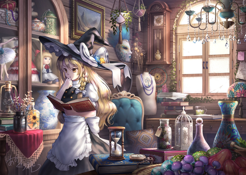 1girl :o aotsuki_tenere apron basket bead_necklace beads black_headwear black_skirt black_vest blonde_hair book book_stack bottle bow braid buttons cabinet chair chandelier clock commentary cowboy_shot crown cup desk desk_lamp doll dream_catcher drinking_glass flower_pot hair_between_eyes hair_bow hand_on_own_chin hand_up hat hat_bow hat_ornament herb highres holding holding_book hourglass indoors ivy jewelry kirisame_marisa lamp lantern loaded_interior long_hair mannequin mask mirror mortar mushroom necklace notes open_book open_mouth painting_(object) paper_stack pendulum_clock pestle pillow pocket_watch puffy_short_sleeves puffy_sleeves reading shanghai_doll shirt short_sleeves single_braid skirt skirt_set solo star_(symbol) star_hat_ornament table touhou v-shaped_eyebrows vase vest waist_apron waist_bow wall_clock watch white_apron white_bow white_shirt window witch_hat wooden_wall yellow_eyes