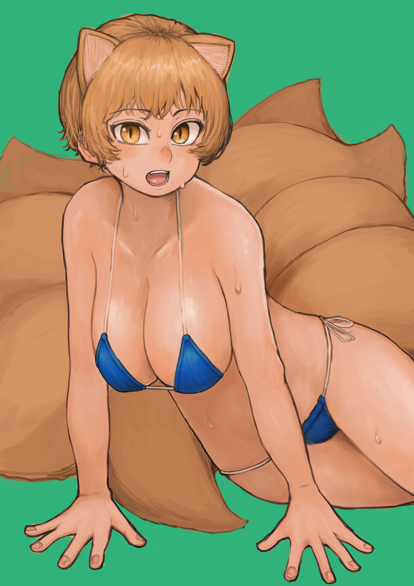 1girl absurdres animal_ears arm_support bangs bikini blonde_hair blue_bikini blush breasts chanta_(ayatakaoisii) cleavage eyebrows_visible_through_hair fox_ears fox_tail green_background highres large_breasts looking_at_viewer multiple_tails no_hat no_headwear open_mouth short_hair side-tie_bikini simple_background solo sweat swimsuit tail touhou yakumo_ran yellow_eyes