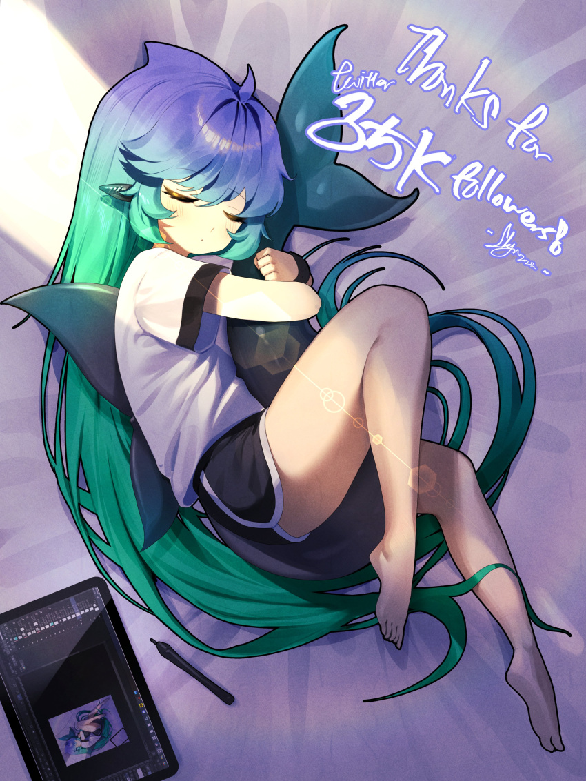 1girl absurdres ahoge aqua_hair bangs barefoot black_shorts blue_hair closed_eyes commentary_request drawing_tablet feet fish_tail from_above gradient_hair highres horns lens_flare long_hair lying multicolored_hair on_side original sbgu shark_fin shark_girl shark_tail shirt short_shorts shorts sleeping solo t-shirt tablet tail tail_hug thighs very_long_hair white_shirt