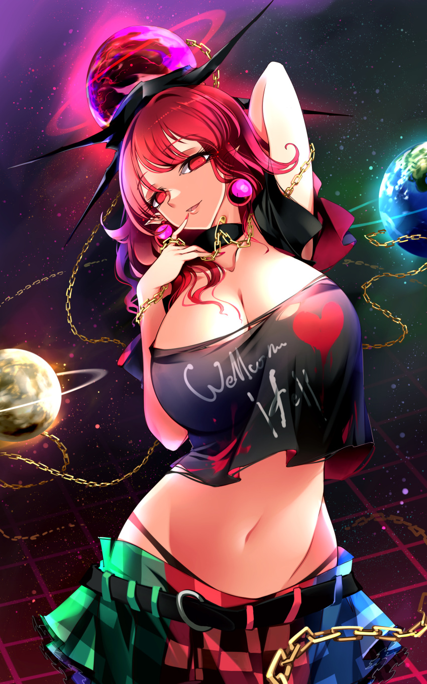 1girl absurdres arm_up bangs belt black_panties black_shirt breasts chain cleavage clothes_writing crop_top earrings earth_(ornament) finger_to_mouth gold_chain hecatia_lapislazuli highres jewelry large_breasts lips loose_skirt midriff moon_(ornament) multicolored_clothes navel panties plaid plaid_skirt pointy_ears polos_crown raptor7 red_eyes red_hair red_nails shirt skirt solo t-shirt torn_clothes torn_shirt touhou underwear underworld_(ornament)